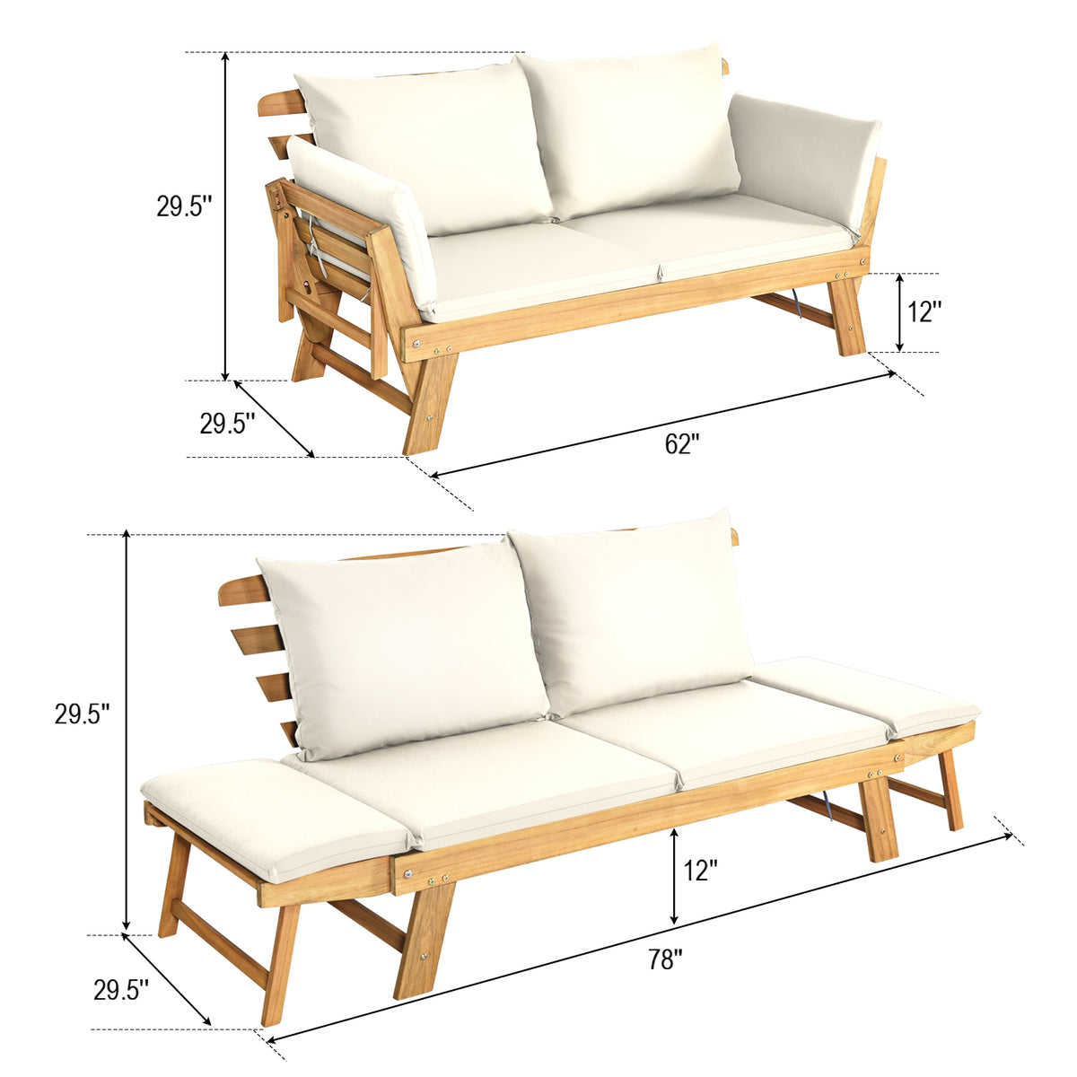 Convertible Patio Daybed Sofa with Thick Cushion