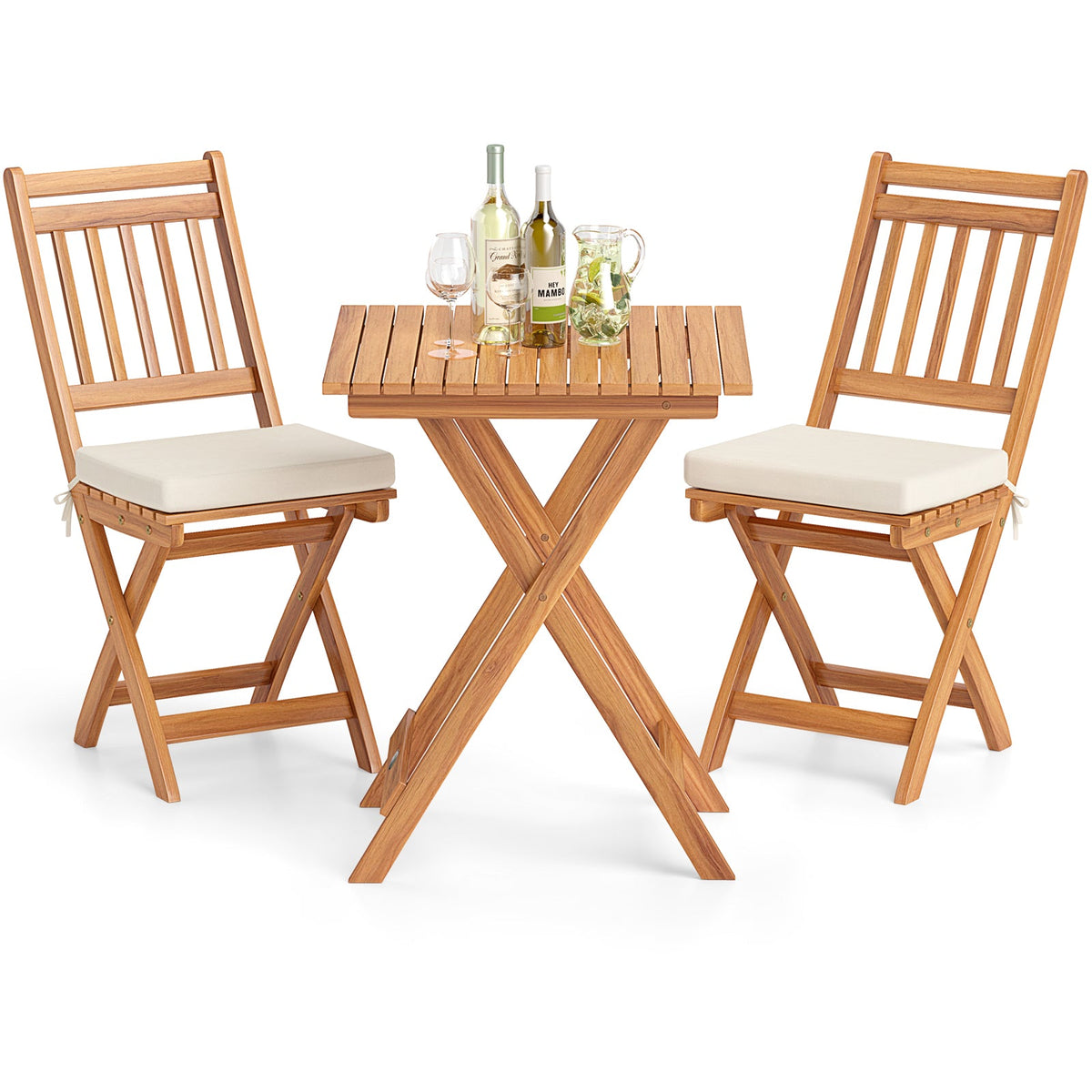 Outdoor Wood Bistro Set with Soft Seat Cushions and Table-White