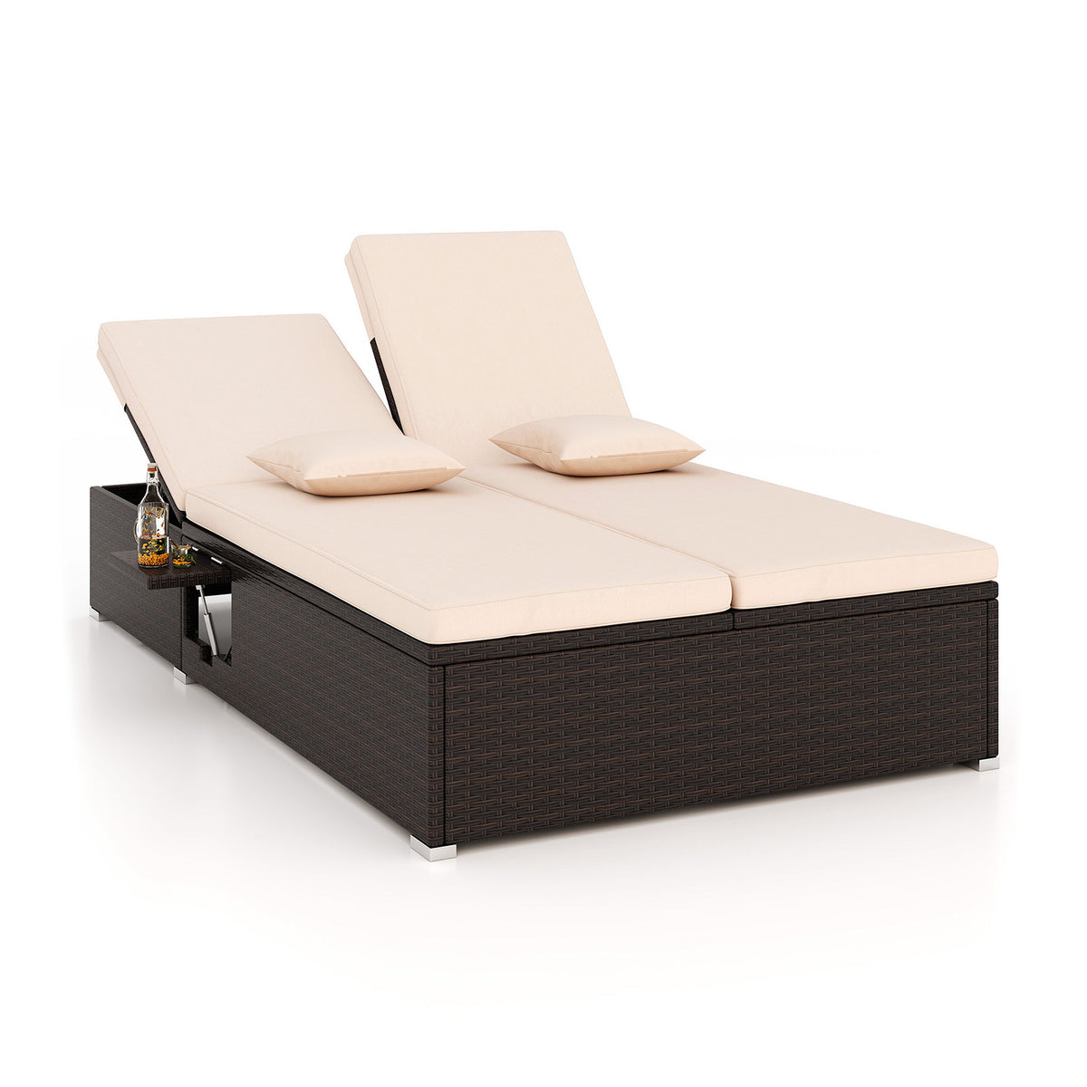 Double Chaise Lounge with Cushions and Folding Side Tables