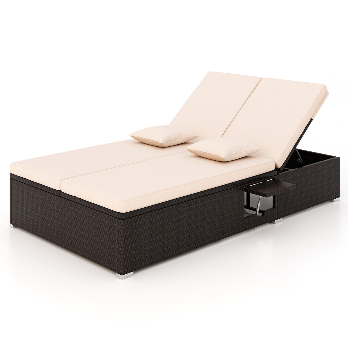 Double Chaise Lounge with Cushions and Folding Side Tables