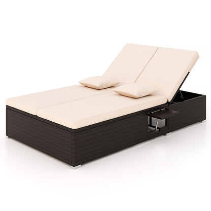 Double Chaise Lounge with Cushions and Folding Side Tables