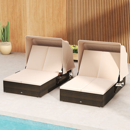 Double Chaise Lounge with Canopy, Cushions & Side Tables
