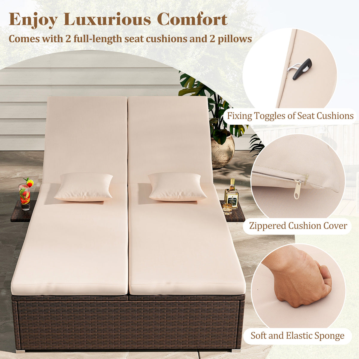 Double Chaise Lounge with Cushions and Folding Side Tables