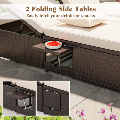 Double Chaise Lounge with Cushions and Folding Side Tables