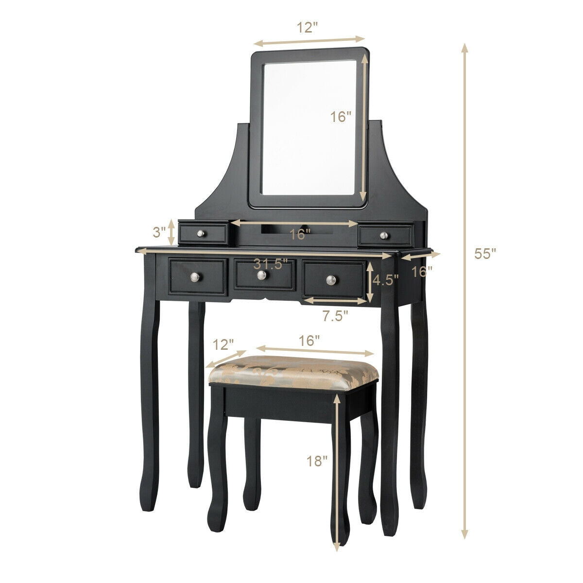 Makeup Vanity Set with 5 Drawers and Padded Stool