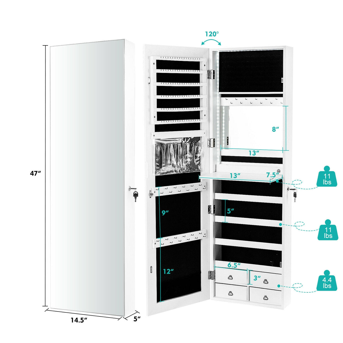 Wall-Mounted Jewelry Cabinet with Full-Length Mirror & LED Lights