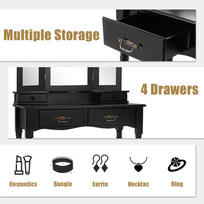 Vanity Set with Tri-Fold Mirror, 4 Drawers & Cushioned Stool