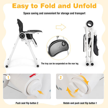 Foldable Baby High Chair with Lockable Wheels - Adjustable
