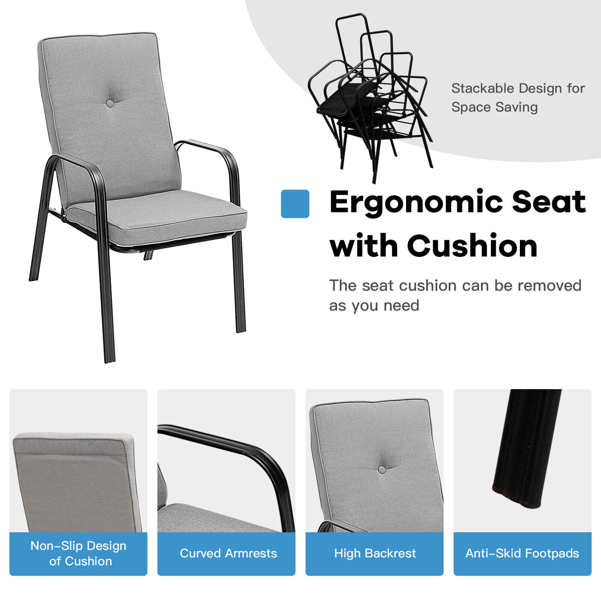 Stackable Patio Dining Chairs Set of 4 with High-Back Cushions