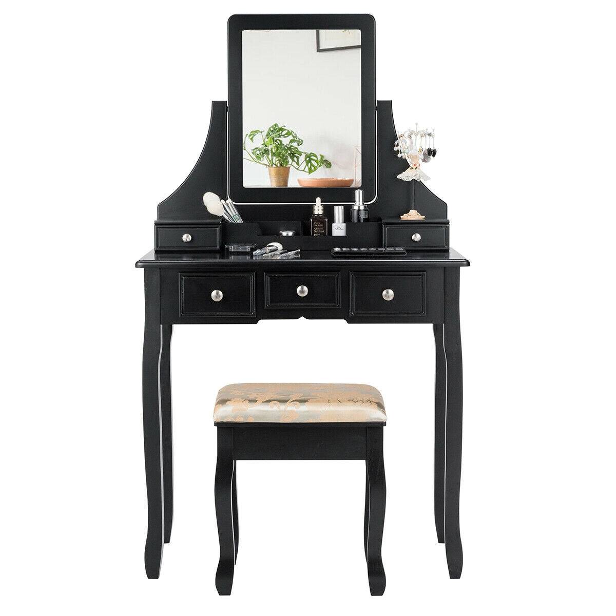 Makeup Vanity Set with 5 Drawers and Padded Stool