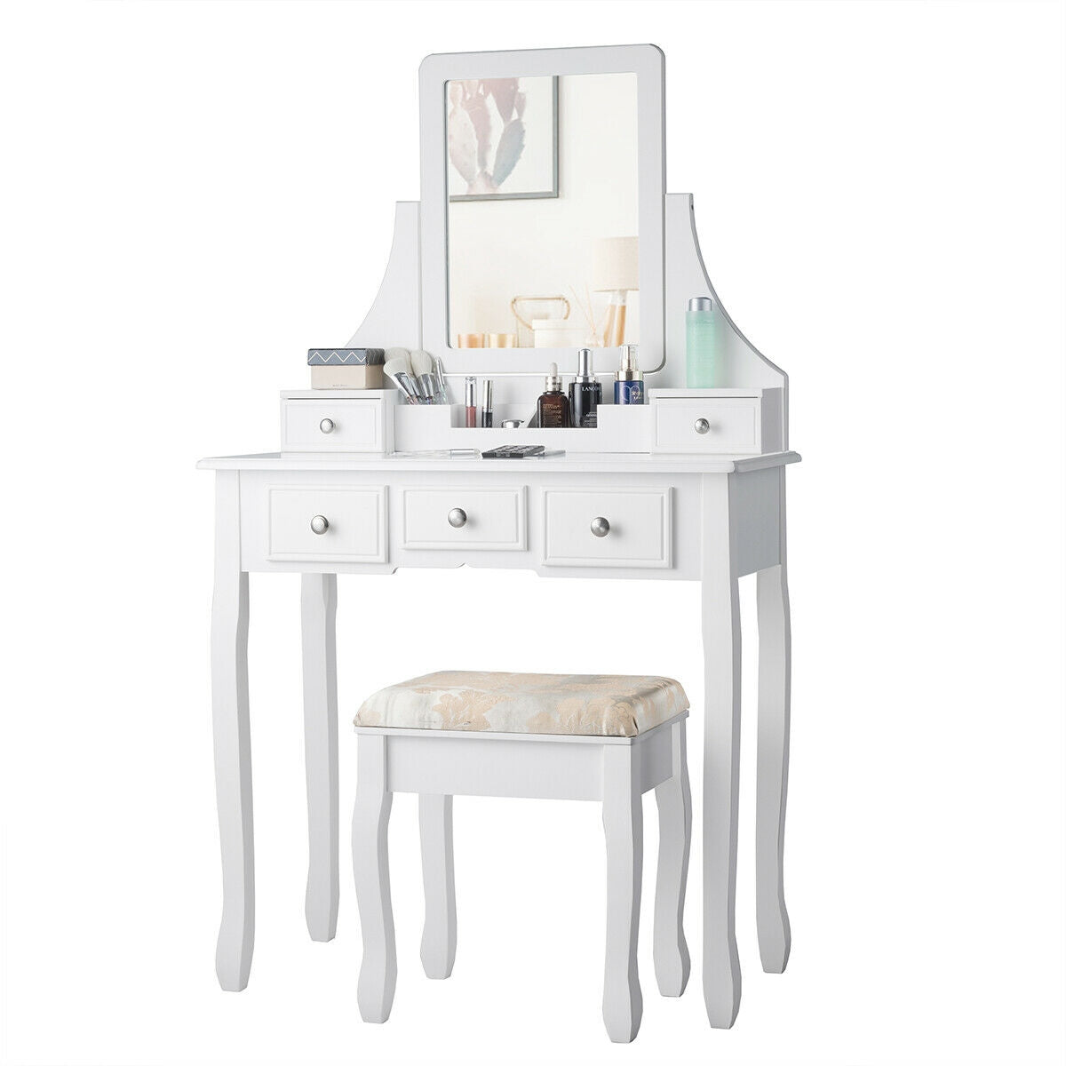 Makeup Vanity Set with 5 Drawers and Padded Stool