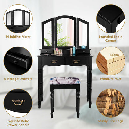 Vanity Set with Tri-Fold Mirror, 4 Drawers & Cushioned Stool