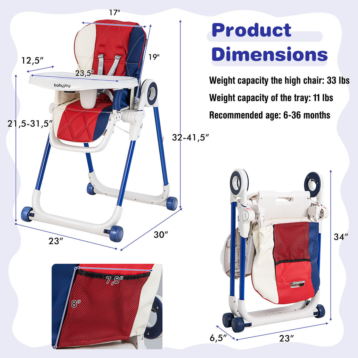 Foldable Baby High Chair with Lockable Wheels - Adjustable