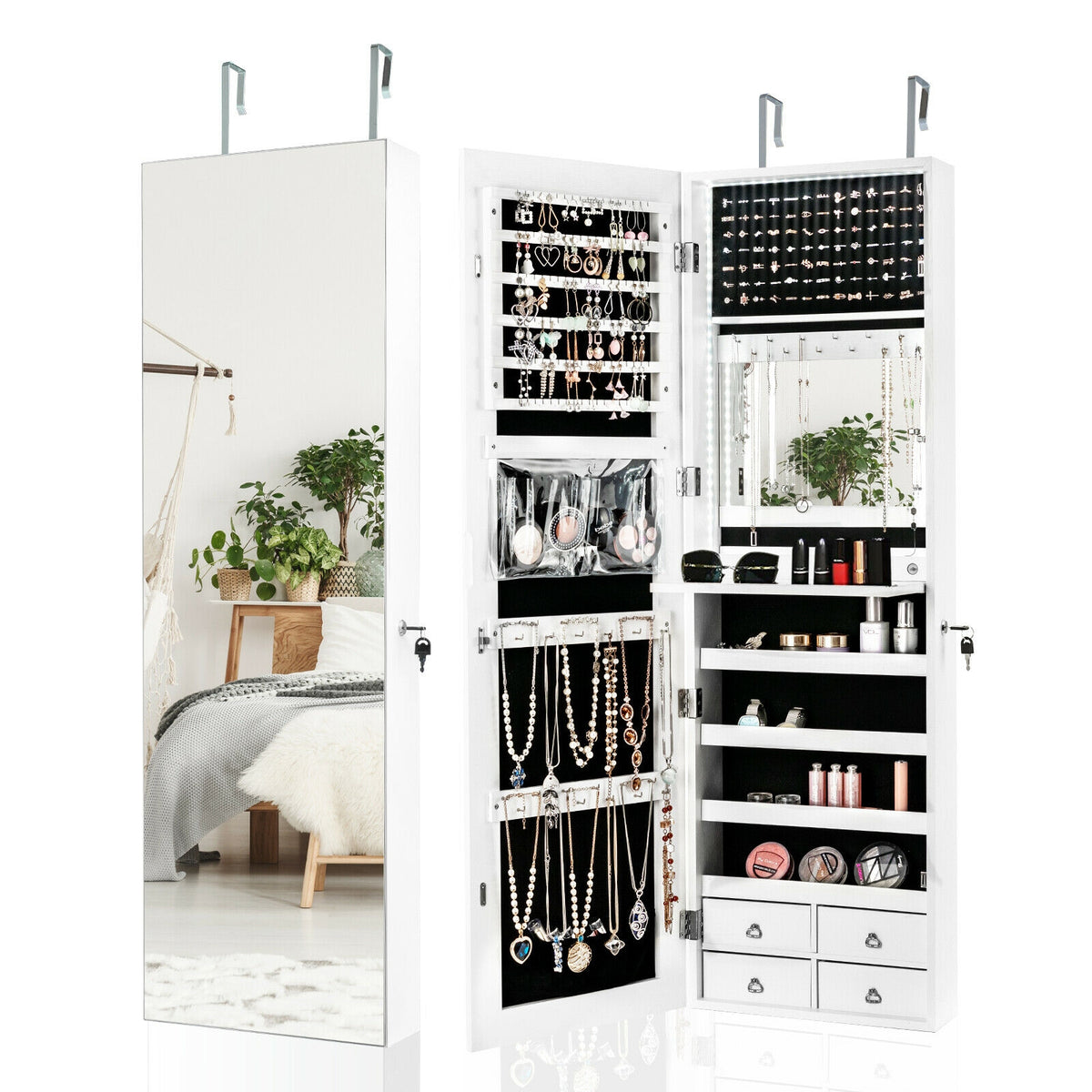 Wall-Mounted Jewelry Cabinet with Full-Length Mirror & LED Lights