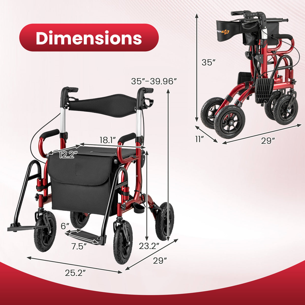 2-in-1 Foldable Rollator Walker with Seat abd 9 Inch Pneumatic Tires for Seniors-Red