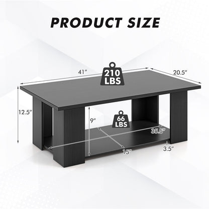 Large 36/41 Inch 2-tier Wooden Modern Coffee Table with Storage Shelf-Black
