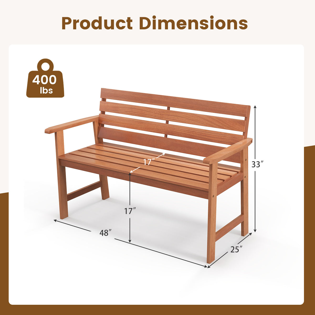 Solid Wood Outdoor Bench 2-Seat with Inclined Backrest