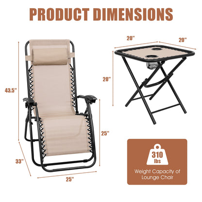 Zero Gravity Reclining Lounge Chairs with Table Set (3-Piece)