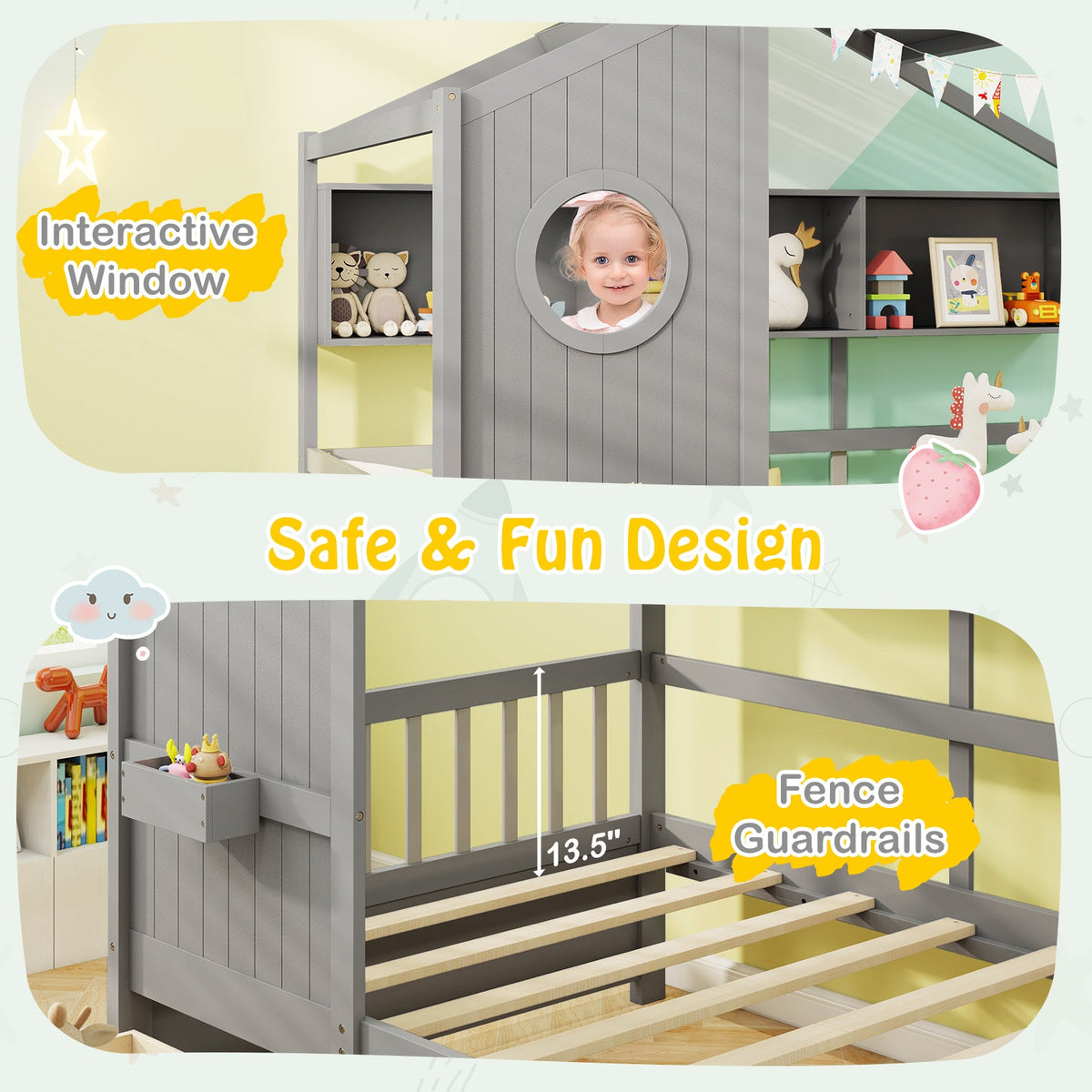 Twin Size House Bed with 2 Storage Drawers and Fence Guardrails