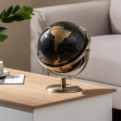 9-Inch Metallic Black World Globe with Metal Stand-Golden