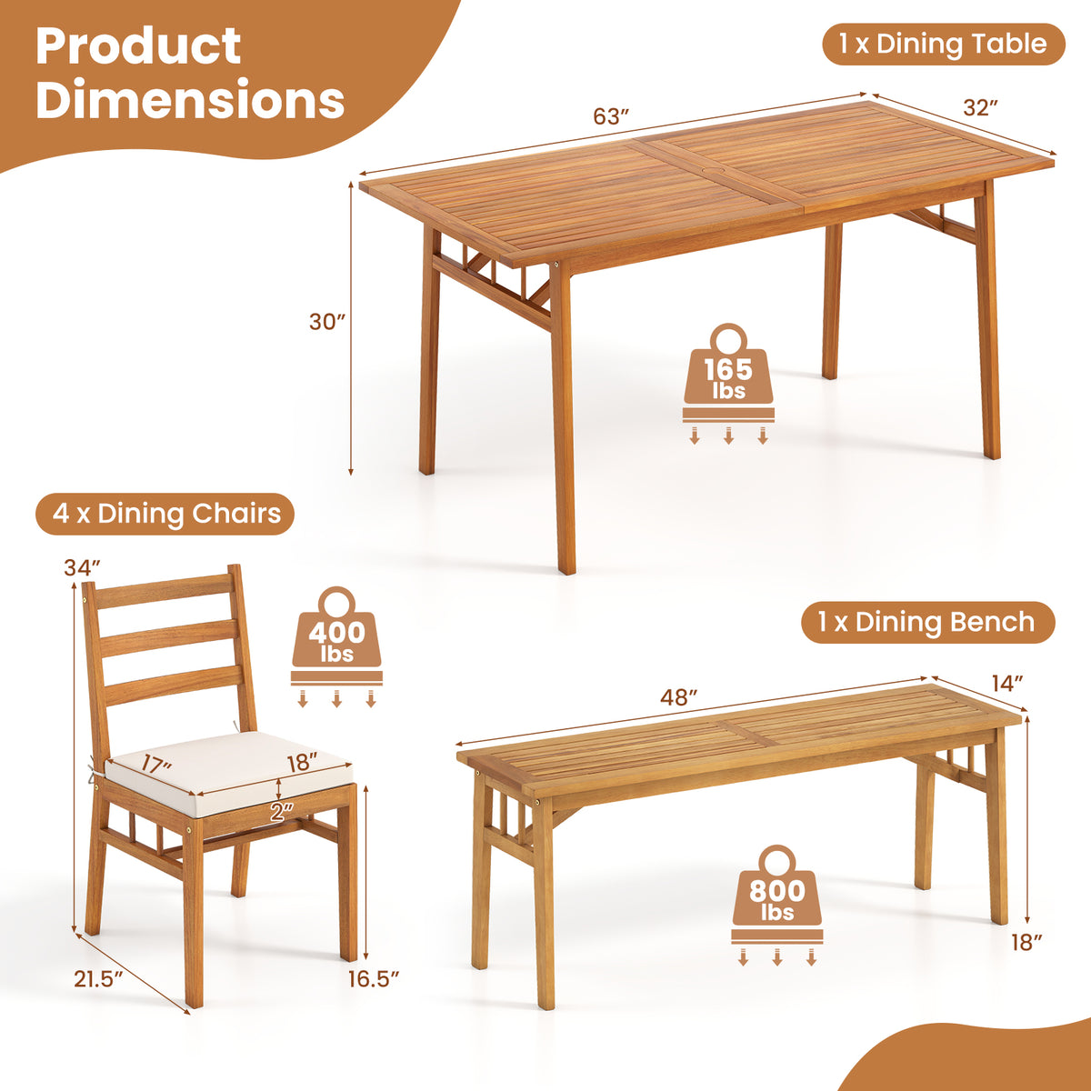 6-Piece Acacia Wood Patio Dining Set with Bench and Cushions