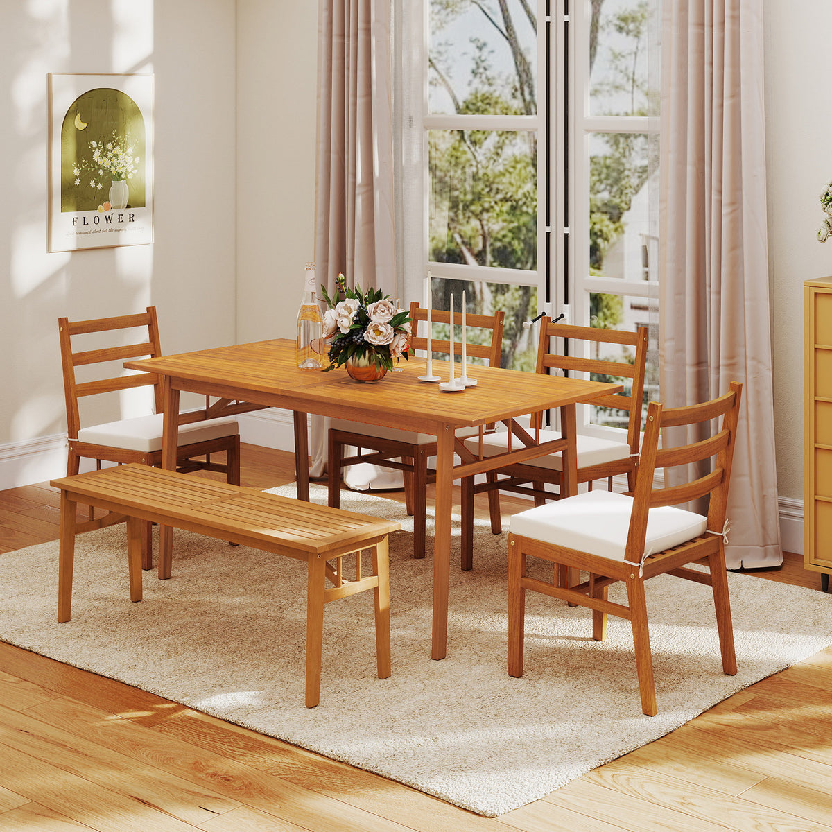 6-Piece Acacia Wood Patio Dining Set with Bench and Cushions