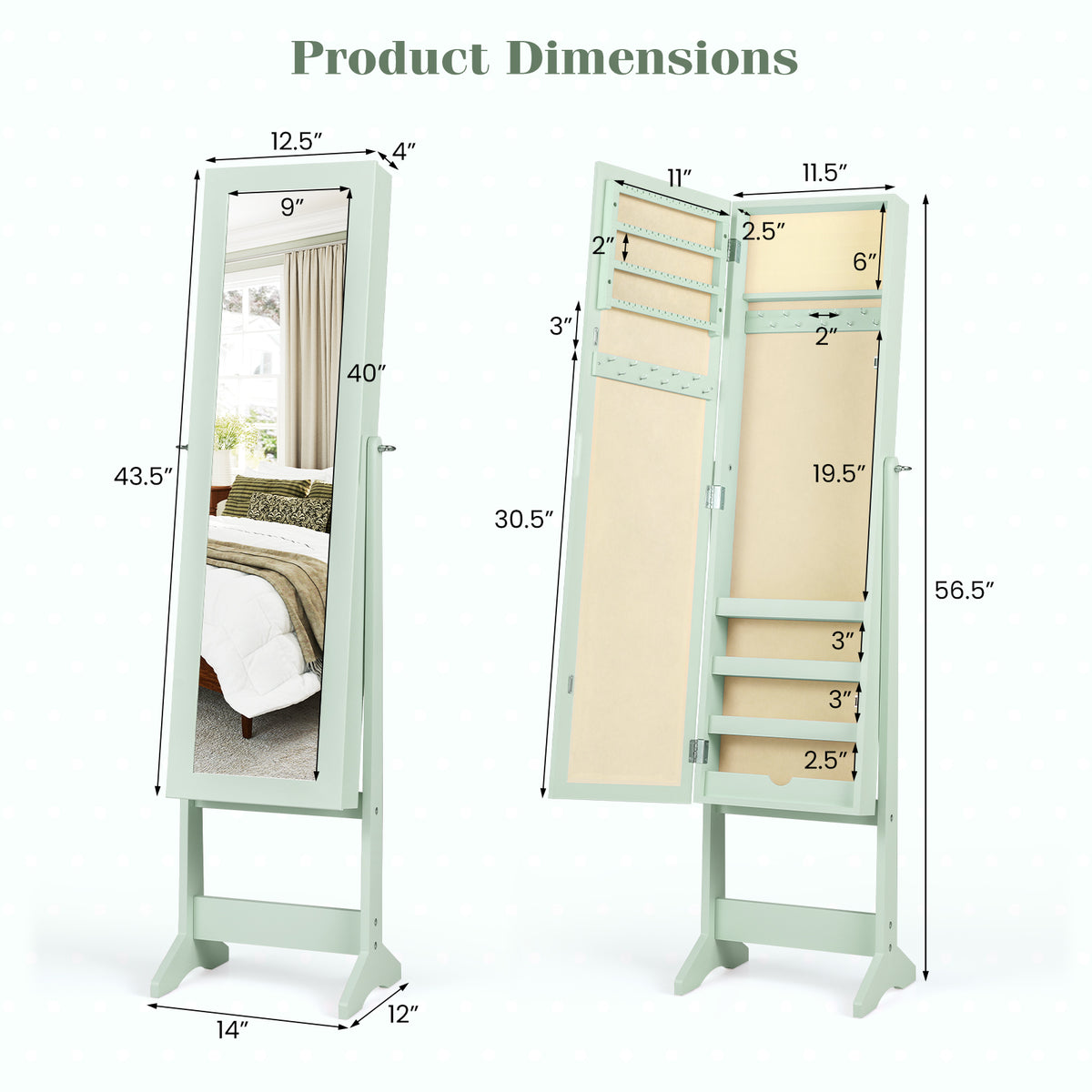 Standing Jewelry Cabinet with Mirror 56" Tall Storage Armoire