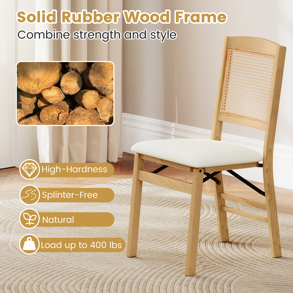 Folding Dining Chairs Set of 2 with Padded Linen Seats