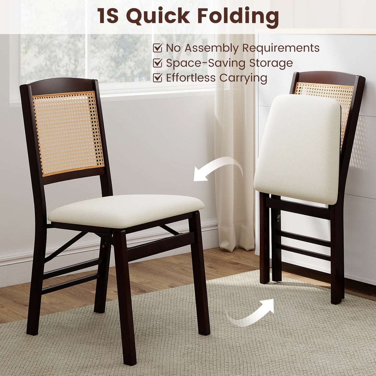 Folding Dining Chairs Set of 2 with Padded Linen Seats