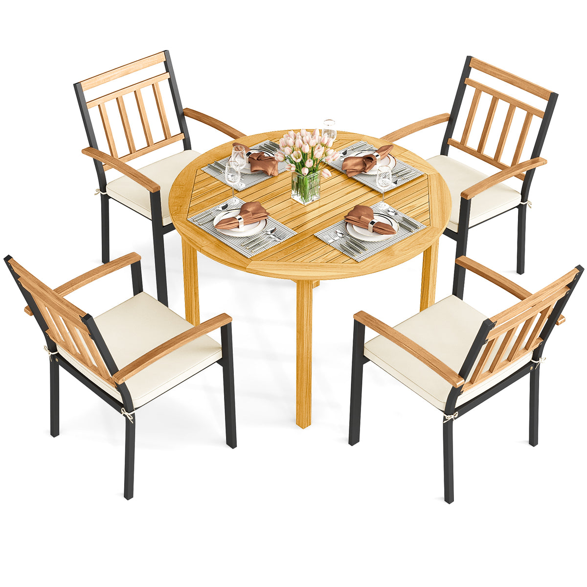 5-Piece Acacia Wood Patio Dining Set with Cushioned Chairs