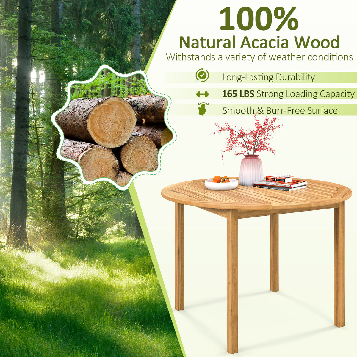 5-Piece Acacia Wood Patio Dining Set with Cushioned Chairs
