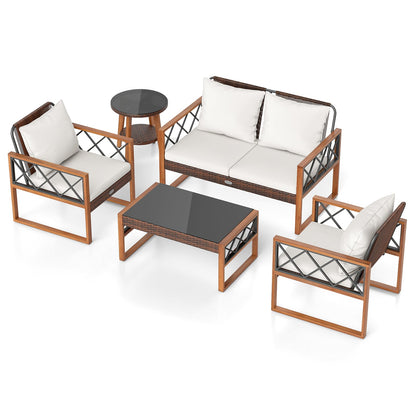 5 Pieces PE Wicker Patio Furniture Set with Acacia Wood Frame
