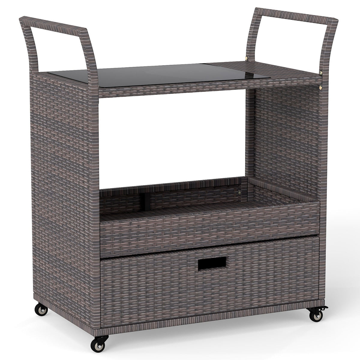 Outdoor Wicker Bar Cart Table with Tempered Glass Top