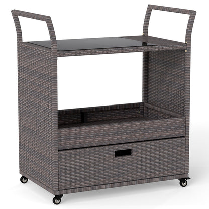 Outdoor Wicker Bar Cart Table with Tempered Glass Top