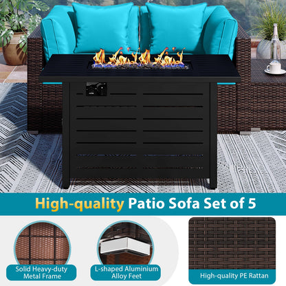 Heavy-duty Frame Rattan Sofa Set with 60000 BTU Firepit Table