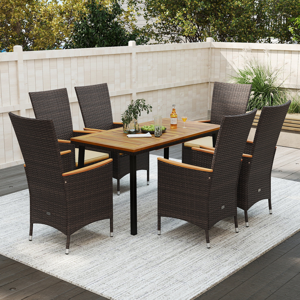 7-Piece Patio Dining Set for 6 with Wicker Chairs & Acacia Table