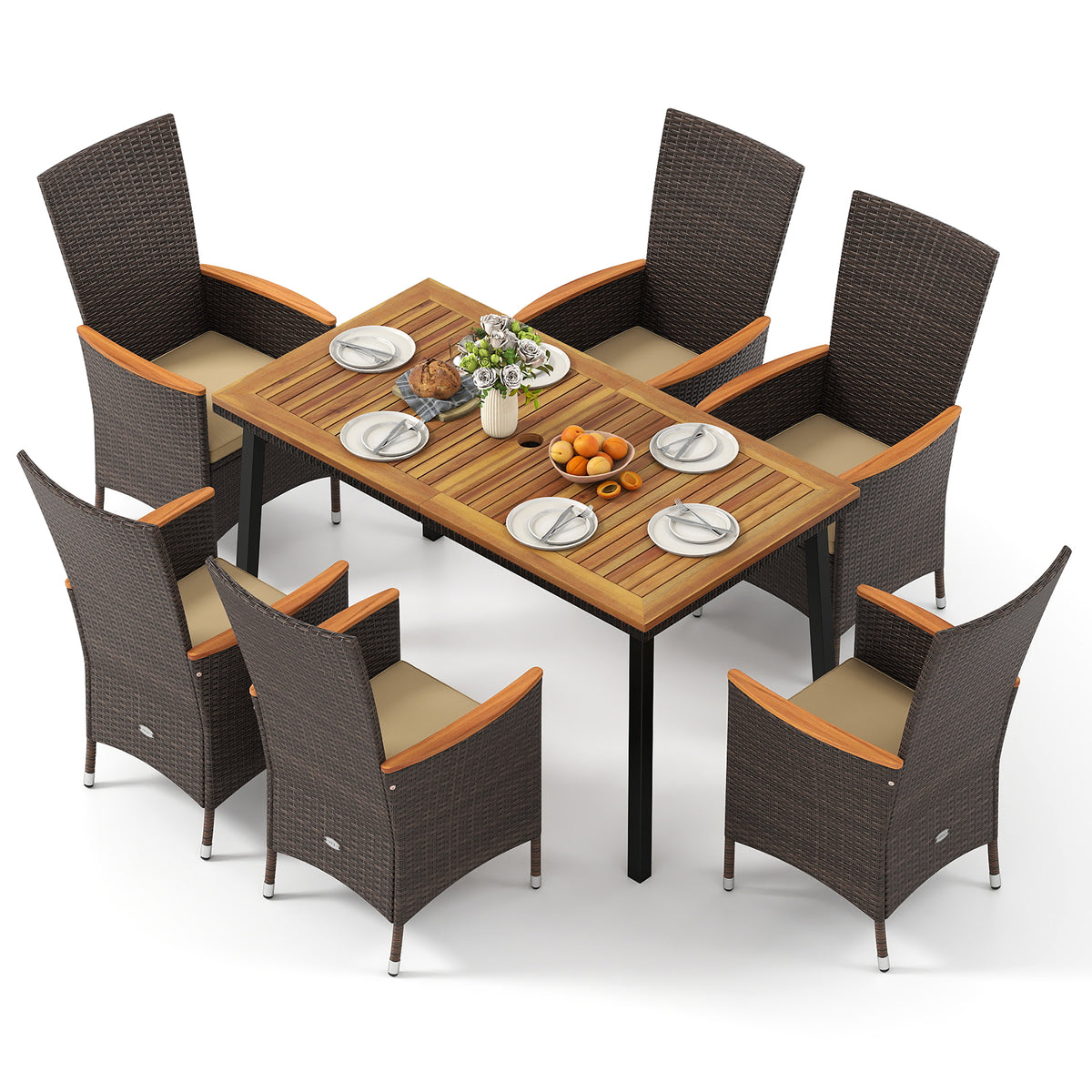7-Piece Patio Dining Set for 6 with Wicker Chairs & Acacia Table