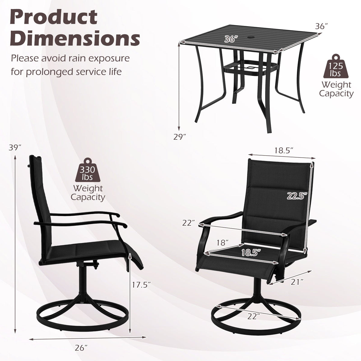 5 Pieces Outdoor Dining Set with 4 Swivel Chairs and 36 Inch Square Patio Table