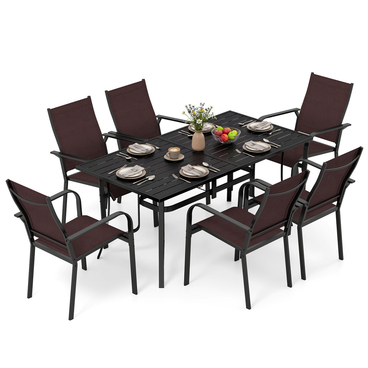 7-Piece Patio Dining Set for 6 with Stackable Mesh Chairs