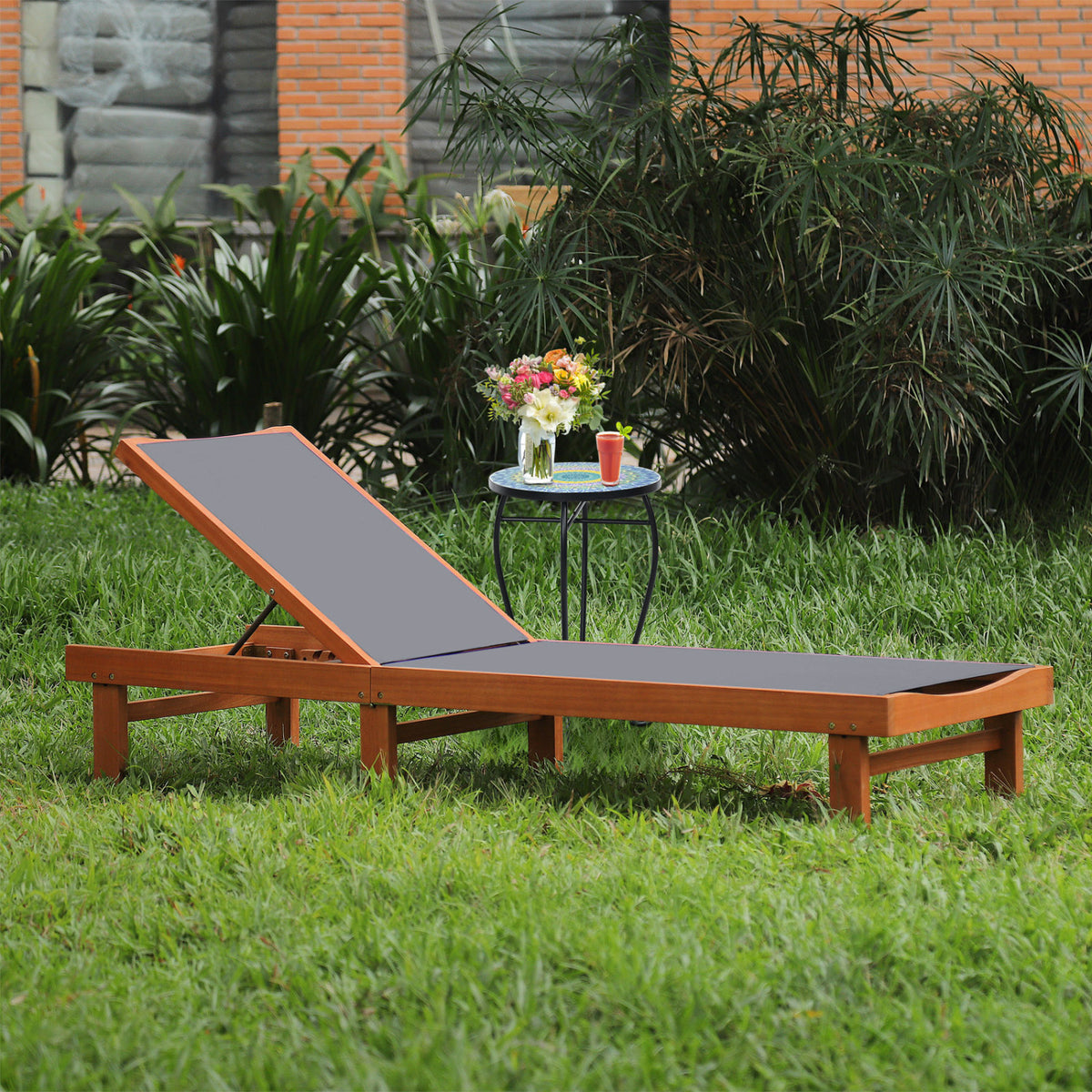 Adjustable Wood Chaise Lounge Chair with 5-Position Back