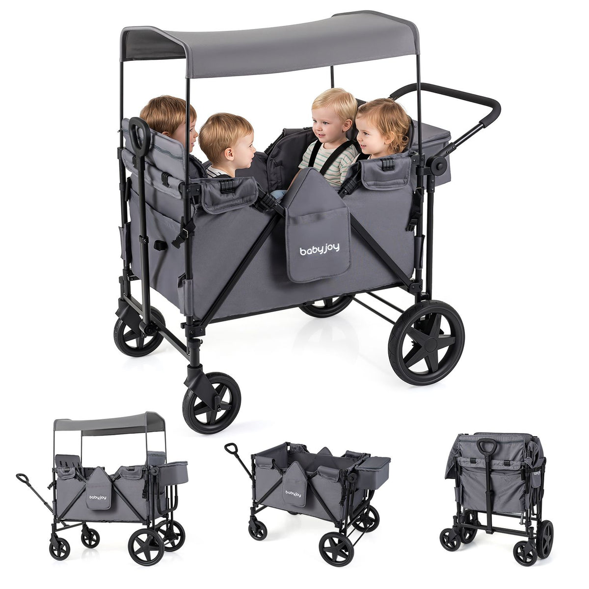 Foldable 4-Seater Push-Pull Wagon Stroller with Adjustable Canopy and Handles