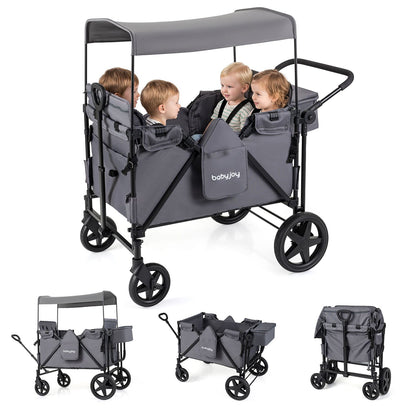 Foldable 4-Seater Push-Pull Wagon Stroller with Adjustable Canopy and Handles