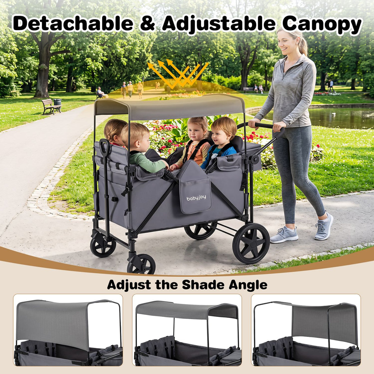 Foldable 4-Seater Push-Pull Wagon Stroller with Adjustable Canopy and Handles