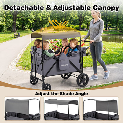 Foldable 4-Seater Push-Pull Wagon Stroller with Adjustable Canopy and Handles