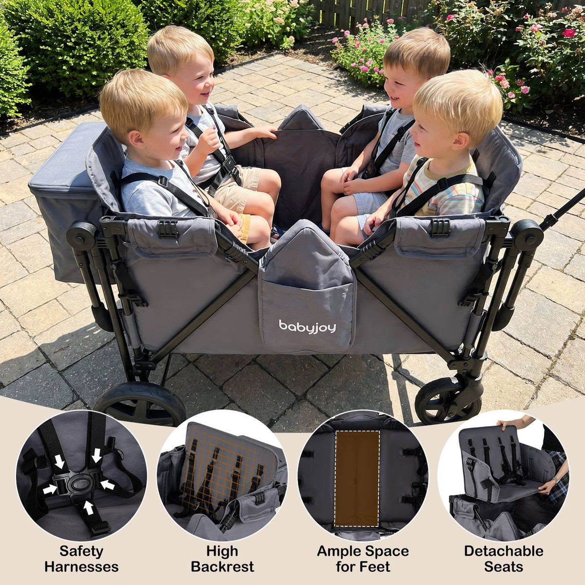 Foldable 4-Seater Push-Pull Wagon Stroller with Adjustable Canopy and Handles