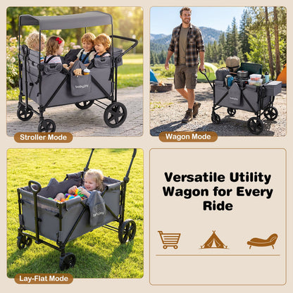 Foldable 4-Seater Push-Pull Wagon Stroller with Adjustable Canopy and Handles