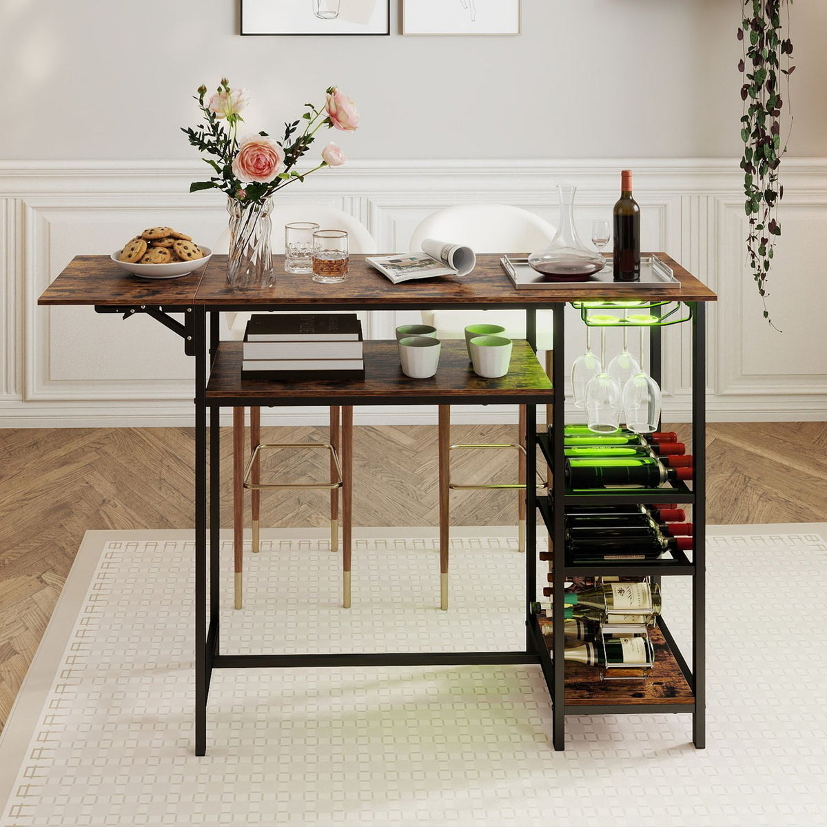 55" Drop-Leaf Counter Height Bar Table with LED Light and Remote Control for Small Space-Rustic Brown