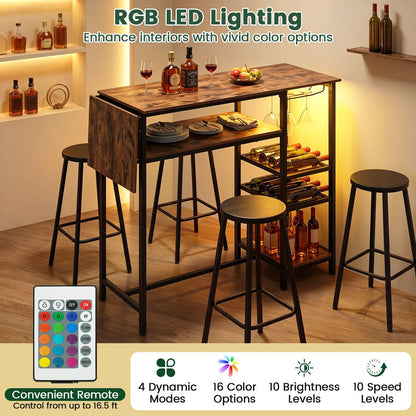 55" Drop-Leaf Counter Height Bar Table with LED Light and Remote Control for Small Space-Rustic Brown