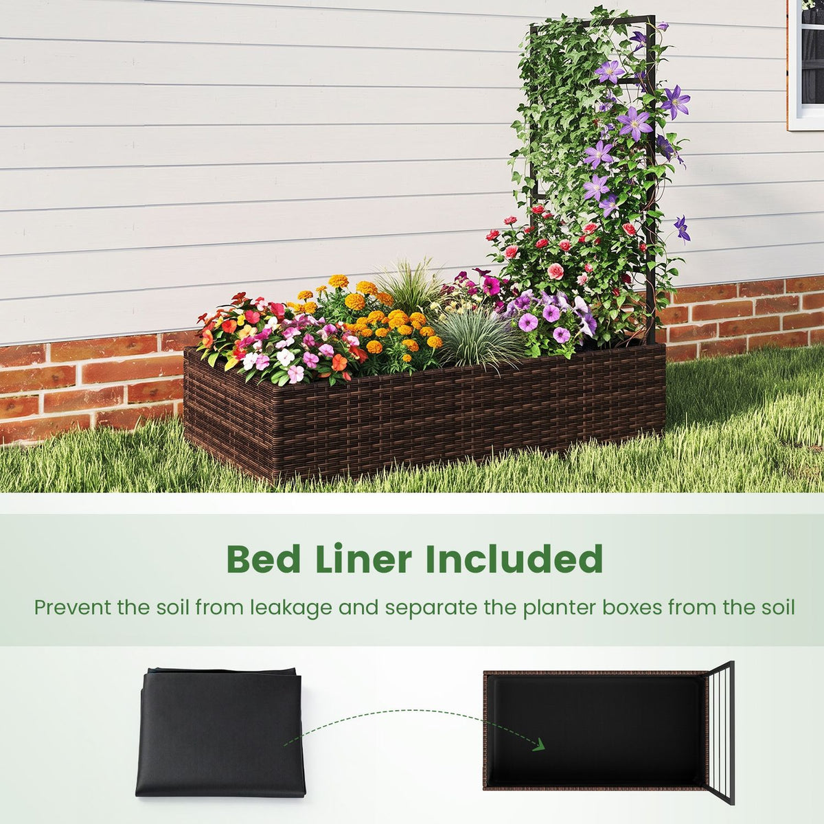 Rattan Raised Garden Bed with Trellis and Open-Ended Base for Patio Backyard Balcony-Brown