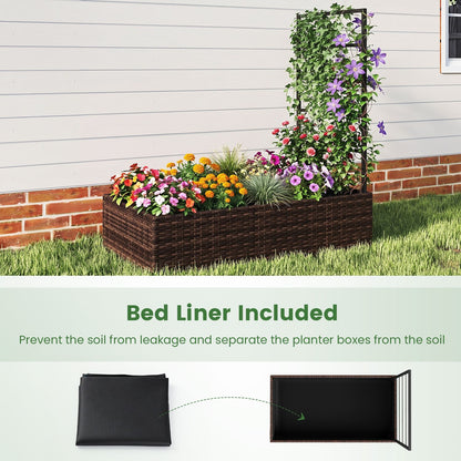 Rattan Raised Garden Bed with Trellis and Open-Ended Base for Patio Backyard Balcony-Brown
